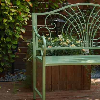 Outdoor 2 Person Metal Garden Bench, Patio Bench with Armrests and Floral Backrest, Suitable for Garden Porch Park Front Porch Balcony