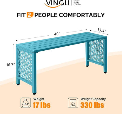 VINGLI 40in Outdoor Metal Bench, All-Weathe Backless Patio Bench with Slatted Seat＆Floral Side Panels, Rust-Resistant Garden Bench, Weatherproof Outdoor Seating for Porch Entryway Backyard (Blue)