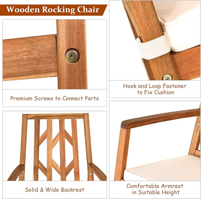 RELAX4LIFE Wooden Rocking Chair Outdoor - Oversized Patio Rocker w/High Backrest, Long Armrest, Removable Soft Cushion, Porch Rocking Chair for Backyard, Garden, Patio Rocking Chair (1, White)
