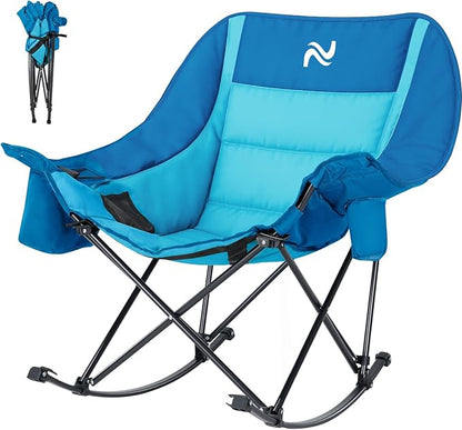 ABORON Oversized Rocking Camping Chair for Adults, Fully Padded Folding Outdoor Lawn Chair with Cooler Bag & Side Pocket, Portable Recliner Chair for Camp, Patio, Backyard, Supports 400 lbs