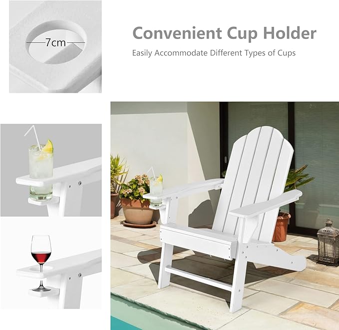 Tangkula Adirondack Chair Outdoor, Fade Resistant HDPE Armchairs with Cup Holder, Weather Resistant Lounger Chairs for Patio Garden Backyard Deck, Lawn Porch Seating, Adirondack Lounger (1, White)