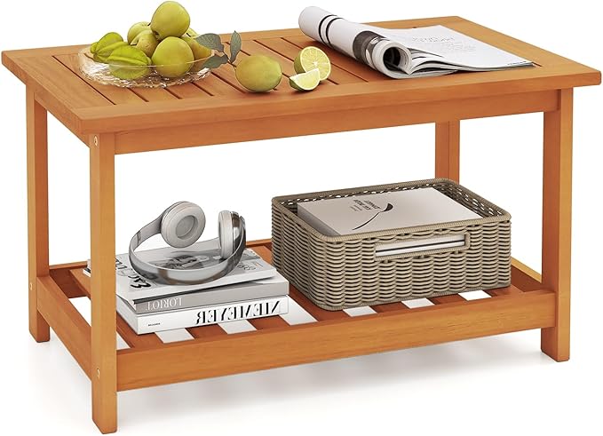 RELAX4LIFE 2-Tier Outdoor Coffee Table - Acacia Wood Rectangular Patio Center Table w/Slatted Tabletop & Storage Shelf - Photo 1