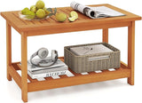 RELAX4LIFE 2-Tier Outdoor Coffee Table - Acacia Wood Rectangular Patio Center Table w/Slatted Tabletop & Storage Shelf - Photo 1