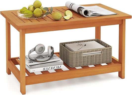 RELAX4LIFE 2-Tier Outdoor Coffee Table - Acacia Wood Rectangular Patio Center Table w/Slatted Tabletop & Storage Shelf, Indoor Outside Wooden Furniture for Living Room Backyard Deck Balcony, Natural