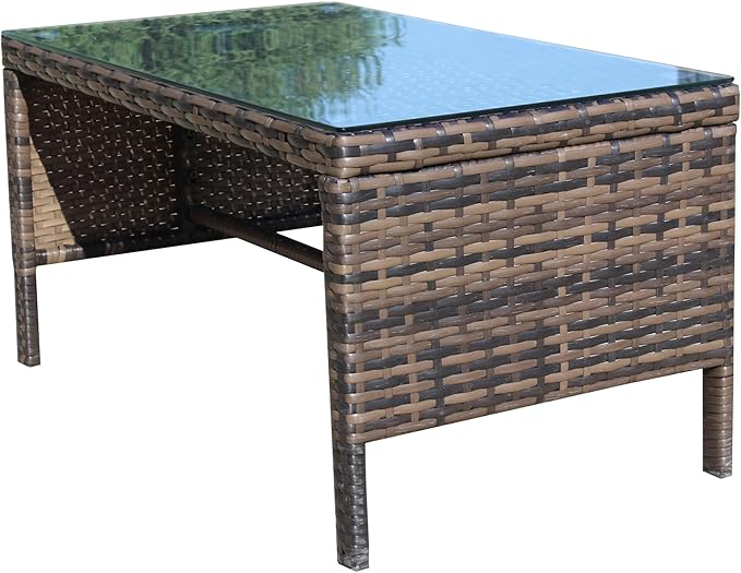 Coffee Table Outdoor Patio Furniture, Tempered Glass Top, Wicker Design, Brown, 30.75x17.5x15 Inch, Water Resistant, Assembly Required