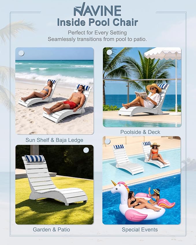 Pool Lounge Chairs Set of 2, HDPE Adjustable Chaise Chairs with Headrest, Weighted Fade-Resistant Pool Chairs and Lounger for Baja Ledge，Poolside and Deck, White