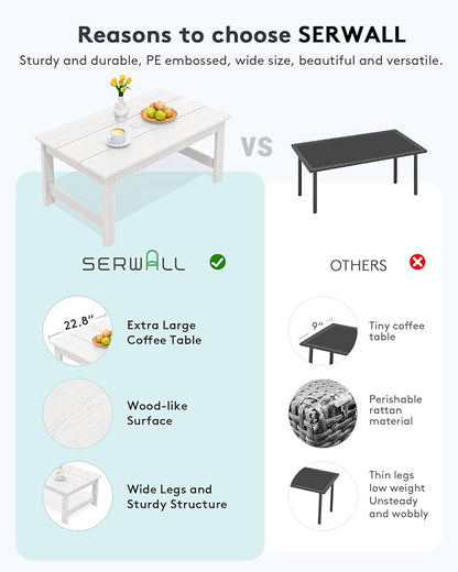 SERWALL HDPE Patio Coffee Table, Rectangle Outdoor Coffee Table, All-Weather Coffee Side Table for Balcony, Poolside, Deck, Garden, White