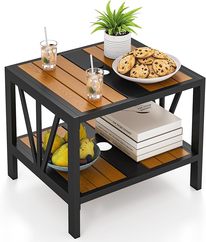 Tangkula Outdoor Side Table with 1.57” Umbrella Hole, 2-Tier Patio Metal End Table with Storage Shelf, Small Bistro Coffee Table for Porch, Balcony, Garden and Backyard (1)