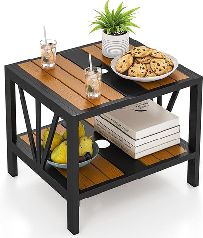 Tangkula Outdoor Side Table with 1.57” Umbrella Hole, 2-Tier Patio Metal End Table with Storage Shelf, Small Bistro Coffee Table for Porch, Balcony, Garden and Backyard (1)