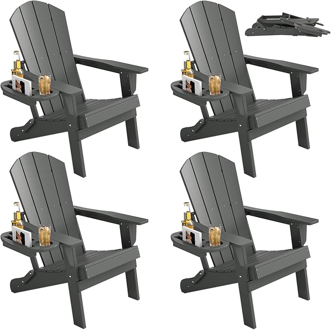 FOOWIN Folding Adirondack Chair Set of 4, HDPE Adirondack Chairs with Cup Holder, Weather Resistant Plastic Fire Pit Chairs for Outdoor, Patio, Lawn, Garden, Backyard, Deck, White Grey