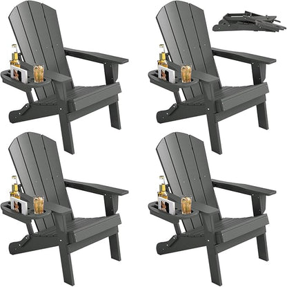 FOOWIN Folding Adirondack Chair Set of 4, HDPE Adirondack Chairs with Cup Holder, Weather Resistant Plastic Fire Pit Chairs for Outdoor, Patio, Lawn, Garden, Backyard, Deck, Grey
