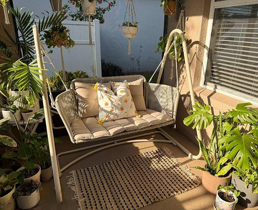 PURPLE LEAF 2-Seat Cloud Swing Chair with Stand Patio Wicker Bench Glider Loveseat Hanging Swinging for Indoor Outside Backyard Garden Outdoor Hammock Porch Swing, Cushion and Pillows Included, Cream