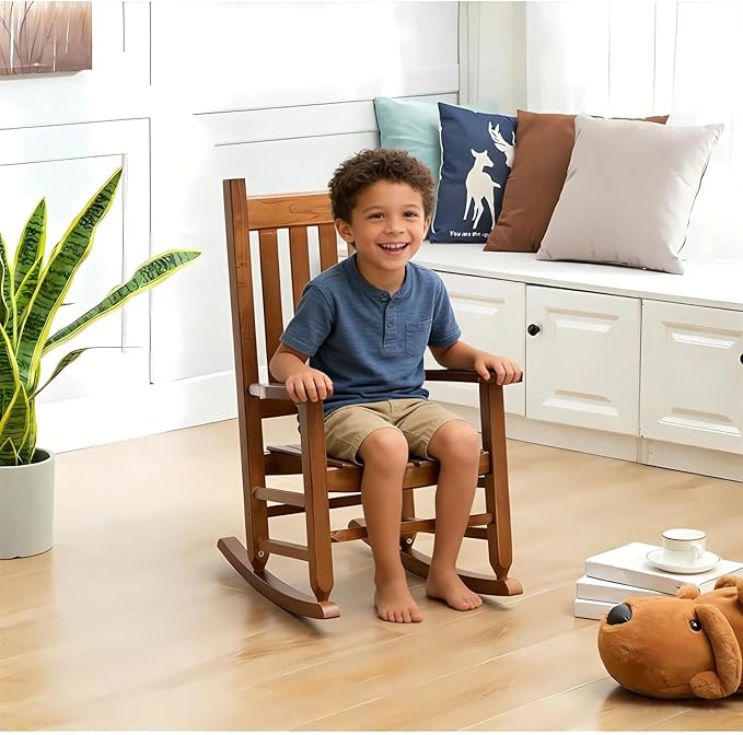 Kids Rocking Chair for Toddler and Children Comfy Recliner Wooden Rocker for Baby Girls Outdoor Lounge for Age 6-10 Indoor Anti-Tip Design Safe & Sturdy Brown