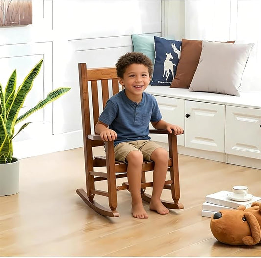 Kids Rocking Chair for Toddler and Children Comfy Recliner Wooden Rocker for Baby Girls Outdoor Lounge for Age 6-10 Indoor Anti-Tip Design Safe & Sturdy Brown