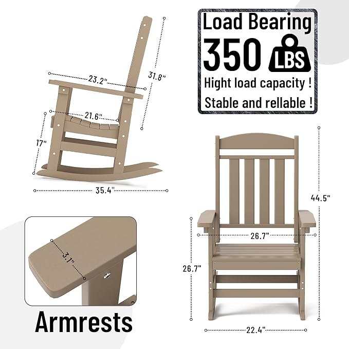 Outdoor Rocking Chairs Set of 8, Oversized High Back Patio Rocking Chairs, All Weather Porch Rocking Chairs for Outside. Brown