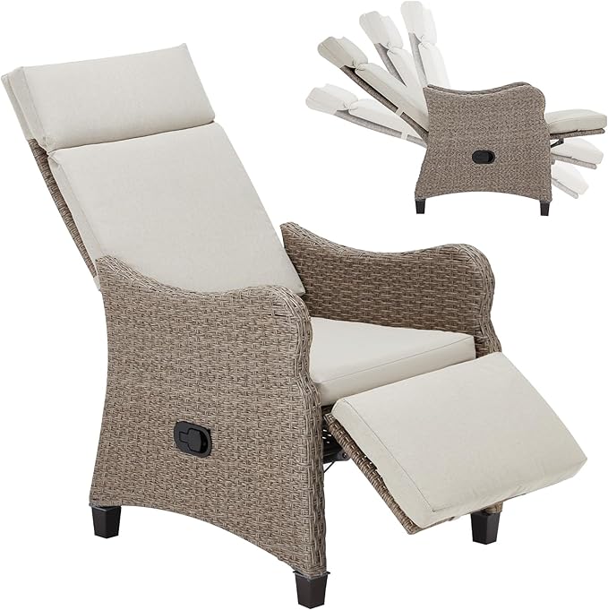 HOMREST Outdoor Recliner Chair for Patio, Wicker Reclining Chair with Adjustable Backrest up to 150°, Rattan Armchair with Integrated Footrest & Removable Cushion for Garden, Light Gray