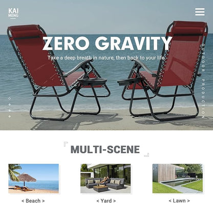 Kemon Zero Gravity Folding Lounge Outdoor Patio Adjustable Reclining Chair with Pillows and Cup Holders for Beach Set of 2, Red,KM-CRDVC