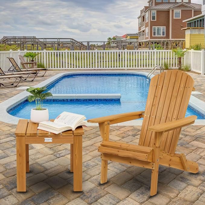 VINGLI Wooden Adirondack Chair Ergonomic Design (2pk), Folding Outdoor Patio Lounger Armchair Furniture w/Natural Finish, for Beach, Poolside, Balcony