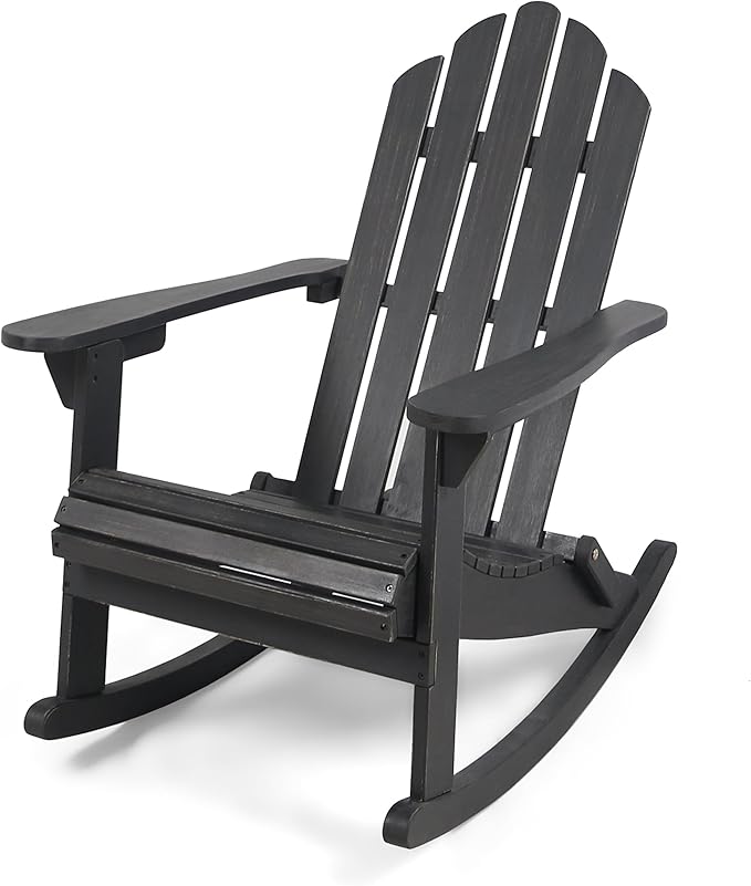 Christopher Knight Home Adirondack Rocking Chair Outdoor Acacia Wood Patio Rocker with Slat Panel Design for Porch Backyard Garden, Dark Grey
