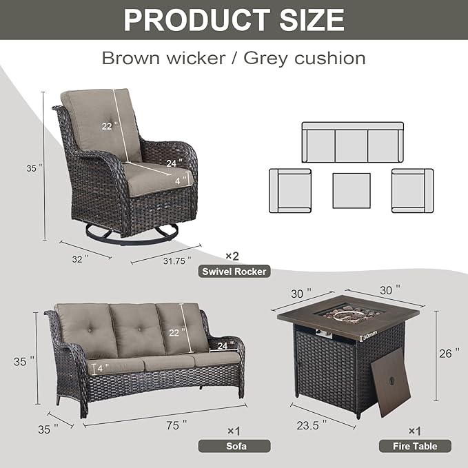 Belord 4 Piece Patio Wicker Furniture Set, Outdoor Swivel Rocker Chairs, All Weather Outdoor Patio Couch with Fire Pit Table for Deck Porch, Brown Wicker/Gray