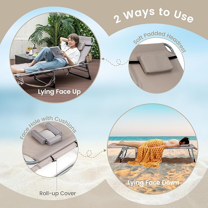 Goplus Tanning Chair, Folding Outdoor Beach Lounge Chair with Face & Arm Hole, Carrying Strap, Pillow, Side Pocket, 5-Position Adjustable Chaise Lounge Chair Sunbathing Chair for Lawn Pool, 330 LBS