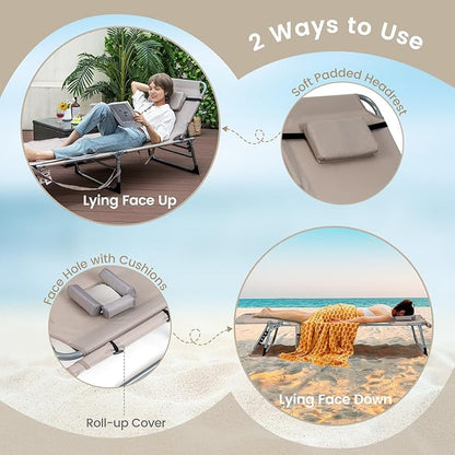 Goplus Tanning Chair, Folding Outdoor Beach Lounge Chair with Face & Arm Hole, Carrying Strap, Pillow, Side Pocket, 5-Position Adjustable Chaise Lounge Chair Sunbathing Chair for Lawn Pool, 330 LBS