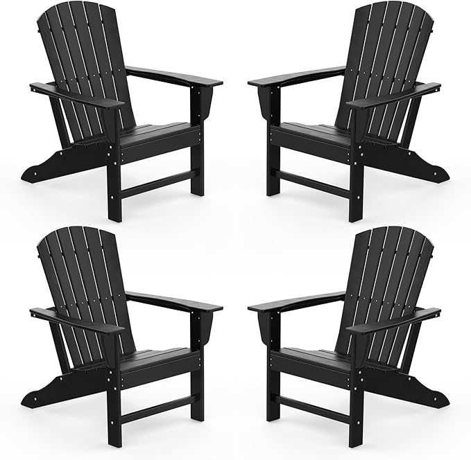 IVY&LANE Adirondack Chairs Set of 4 | HDPE Plastic | Outdoor Fire Pit Chairs | Oversized | All-Weather | Black | for Outside Deck Backyard Patio Poolside Porch Lawn
