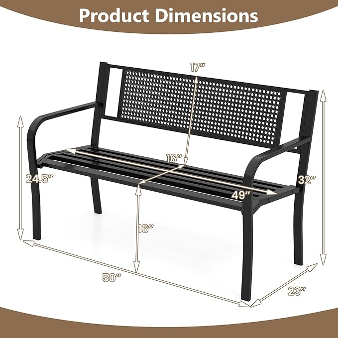 Tangkula Metal Patio Park Bench, 50 Inches Outdoor Garden Bench with Patterned Backrest and Curved Armrests, 2-3-Person Patio Bench, Outdoor Metal Loveseat Chair for Porch, Lawn, Park