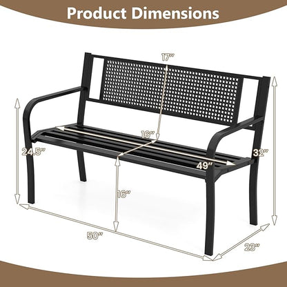 Tangkula Metal Patio Park Bench, 50 Inches Outdoor Garden Bench with Patterned Backrest and Curved Armrests, 2-3-Person Patio Bench, Outdoor Metal Loveseat Chair for Porch, Lawn, Park
