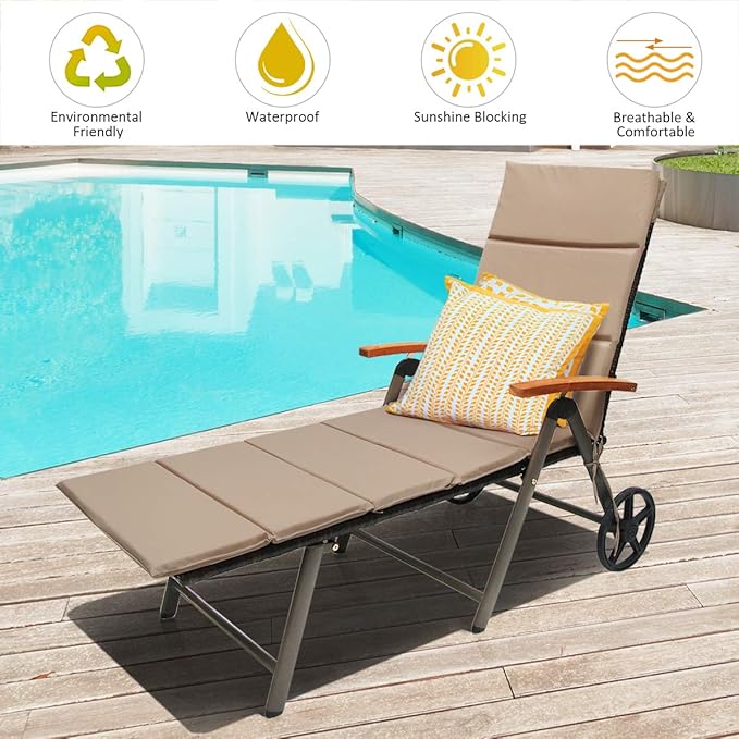 COSTWAY Folding Rattan Lounge with Wheels, Aluminum Patio Lounger with 7 Adjustable Positions, Soft Cushion - Photo 6