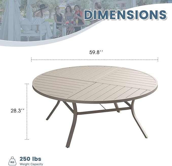 DIFY 59.8" Round Outdoor Patio Dining Table for 8-10, All-Weather Metal Steel Slatted Patio Table with 1.57" Adjustable Umbrella Hole for Garden, Backyard, Deck, Sandshell