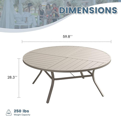 DIFY 59.8" Round Outdoor Patio Dining Table for 8-10, All-Weather Metal Steel Slatted Patio Table with 1.57" Adjustable Umbrella Hole for Garden, Backyard, Deck, Sandshell
