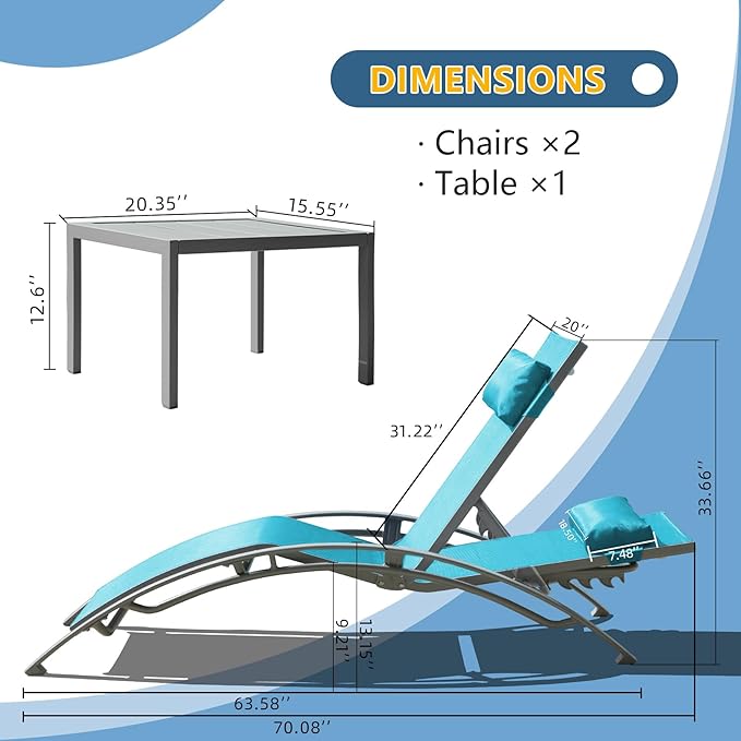 Domi Pool Lounge Chairs Set of 2 with Side Table, Aluminum Adjustable Outdoor Chaise Lounge - Photo 2