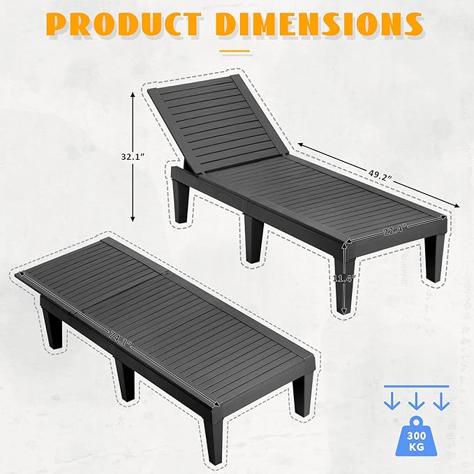 Outdoor Chaise Lounge Chair Set of 4,Lightweight Patio Chairs,Waterproof Lawn Chairs Lounge Outdoor,5-Positions Adjustable Pool Lounge Chair for Garden Beach Patio Poolside and Deck,Striped Black