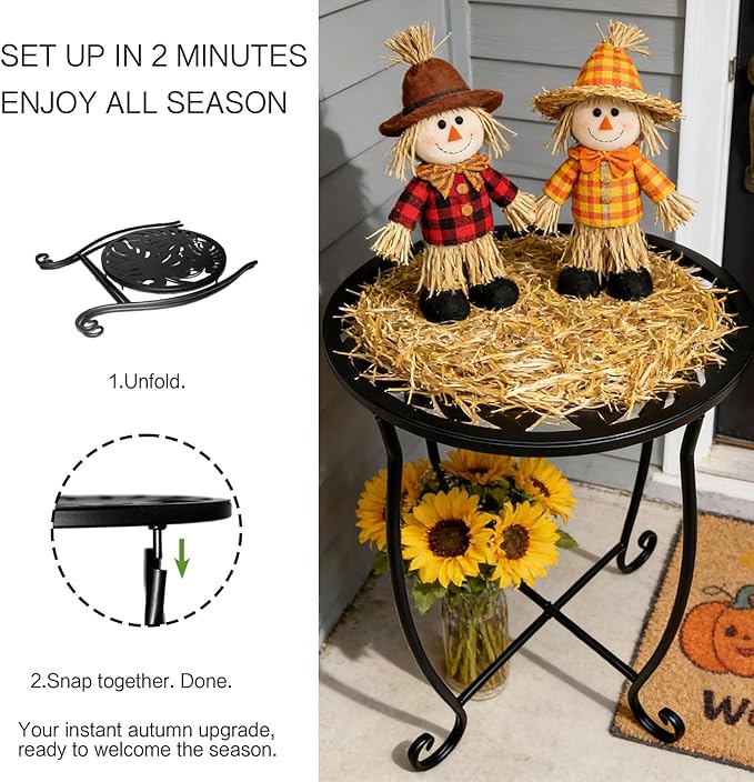 Outdoor Side Tables 2 Pack, 15" Height Tool-Free Metal Patio End Table with Monstera Pattern, Compact Space Saving Plant Stand for Balcony Porch Deck, Weather Resistant, Black