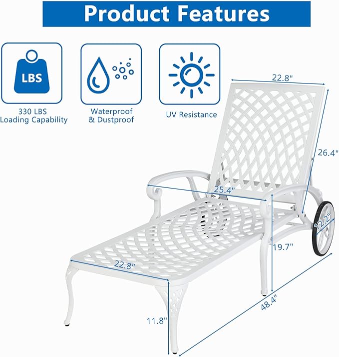 Cast Aluminum Outdoor Chaise Lounge Chair with Wheels, Patio Chaise Lounge with 3-Position Adjustable Backrest - Photo 2