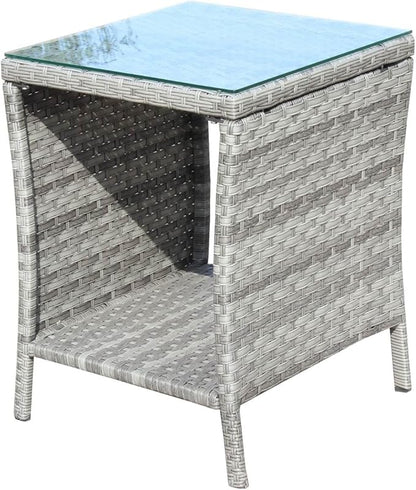 Rattan Side Table with Glass Top, Outdoor Wicker End Table for Patio, Porch, Garden, 19.25" Square, 21" Tall, 120 Lbs Capacity, Weather-Resistant PE Rattan, Easy Assembly