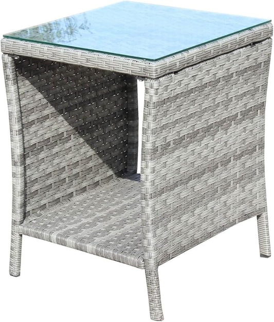 Rattan Side Table with Glass Top, Outdoor Wicker End Table for Patio, Porch, Garden, 19.25" Square, 21" Tall, 120 Lbs Capacity, Weather-Resistant PE Rattan, Easy Assembly