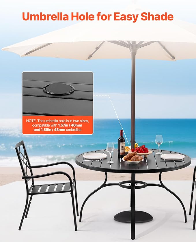 VEVOR Outdoor Patio Dining Table, 47 inch Round Metal Steel Slat Backyard Bistro Tables, with 1.5 in Umbrella Hole - Photo 7
