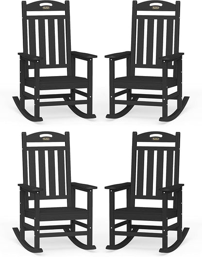 Oversized Outdoor Rocking Chairs Set of 4, High Back Porch Rocker Chair, HDPE All Weather Resistant Rocking Chairs for Patio, 380lbs Weight Capacity, Black