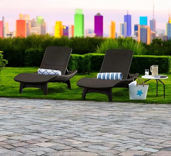 Outdoor Patio Chaise Lounge Chairs, All-Weather Wicker Rattan, Adjustable Backrest, Set of 2 (Brown)