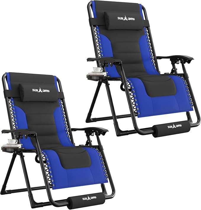 UDPATIO Oversized Zero Gravity Chair Set of 2, Outdoor Full Padded Recliner, Patio Folding Adjustable Reclining Seat with Cup Holder, Footrest & Headrest for Camping, 500LBS Support,Black/Blue,29in