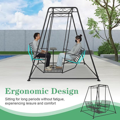 kinbor 4-Seat Patio Swing Chair - Patio Swing Chair with Stand, Heavy Duty Metal Frame Outdoor Swing Chair Sets with Backrest ＆ Table for Porch, Poolside, Garden, Backyard (Black, 6.92FT)