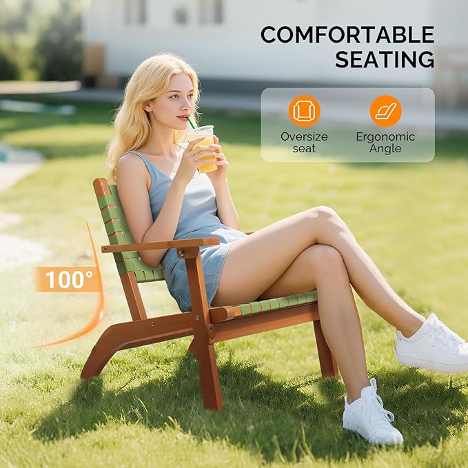 VINGLI Outdoor Armchair, All-Weather Wooden Patio Chair with Waterproof PE Woven Fabric, Adirondack Chair for Garden, Lawn and Poolside (2, Green and Brown)