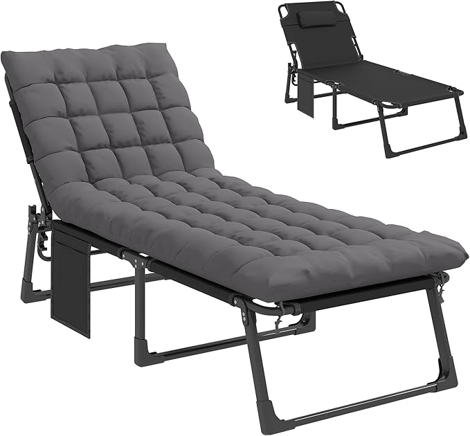 Outsunny Chaise Lounge Chair Outdoor, 5-Position Reclining Pool Lounge Chair with Cushion, Side Pocket, Headrest, Folding Lounger Tanning Chair Camping Cot for Patio, Beach, Dark Gray