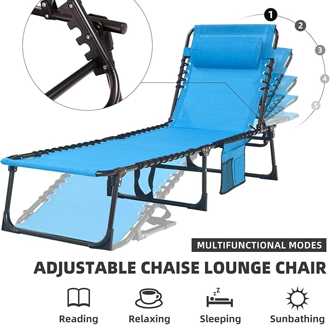 Folding Chaise Lounge Chair Bed - Heavy-Duty 400lb Capacity Portable Adjustable Recliner w/Pillow for Patio, Pool - Photo 8