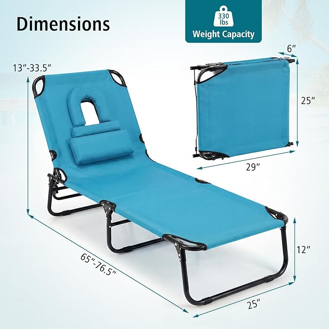 GYMAX Tanning Chair, Folding Lounge Chairs with Face Hole & Cover, Removable Pillow Carry Handle - Photo 3