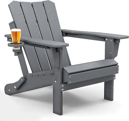 Adirondack Chair Oversized Folding Adirondack Chairs Recyclable HDPE Modern Adirondack Chair with Cup Holder Poly Lumber Patio Chairs for Pool Patio Garden Outdoors Fire Pit Grey