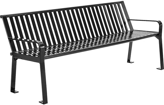 Global Industrial 6 ft. Outdoor Heavy-Duty Portable Park Bench with Back, Vertical Steel Slat, Corrosion-Resistant Black Powder Coat Finish, Unassembled