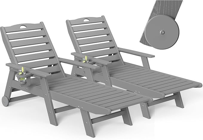 nalone Chaise Lounge Set of 2 Outdoor with 5-Position Adjustable Backrest, HDPE Lounge Chair for Outside Supports Up to 400 LBS, Pool Lounge Chairs for Patio Poolside Deck Beach Backyard (Grey)